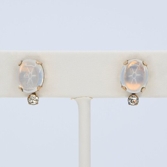 Vintage Van Dell 12K Gold Filled Moonstone & Rhinestone Screwback Earrings 1950s - Picture 1 of 5